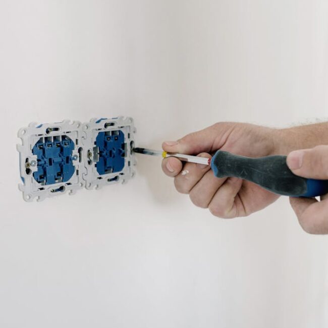 Close-up of hands using a screwdriver to install electrical sockets on a white wall.